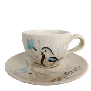 Red Wing Pottery "Bob White" Stoneware Cup & Saucer c1956 Hand Painted Birds Art